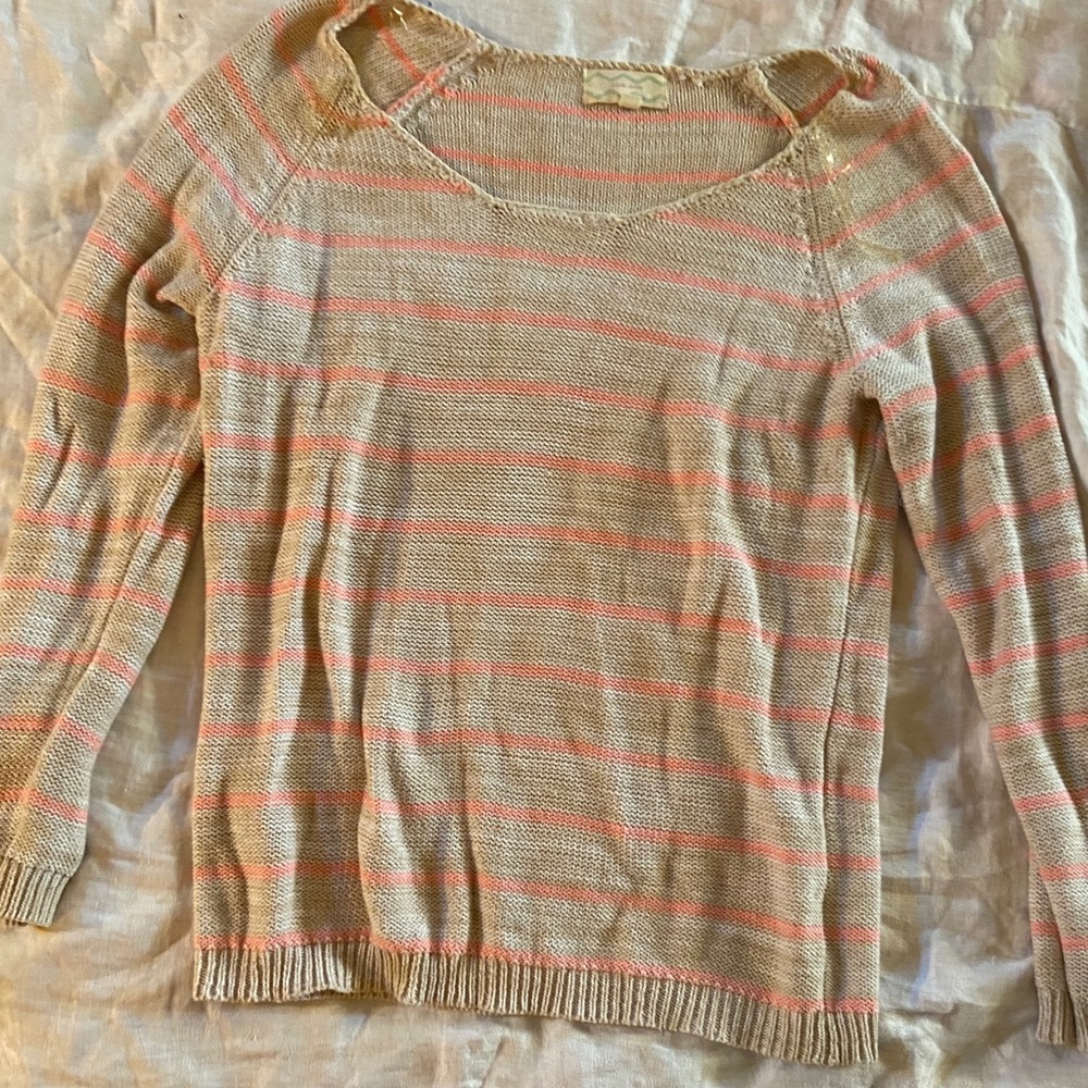 Pink Striped Heather Grey and Tan Knit Sweater